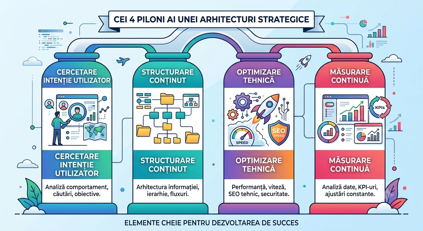 Cei 4 piloni- Servicii SEO pentru AI: cercetare intenție utilizator, structurare conținut, optimizare tehnică, măsurare continuă