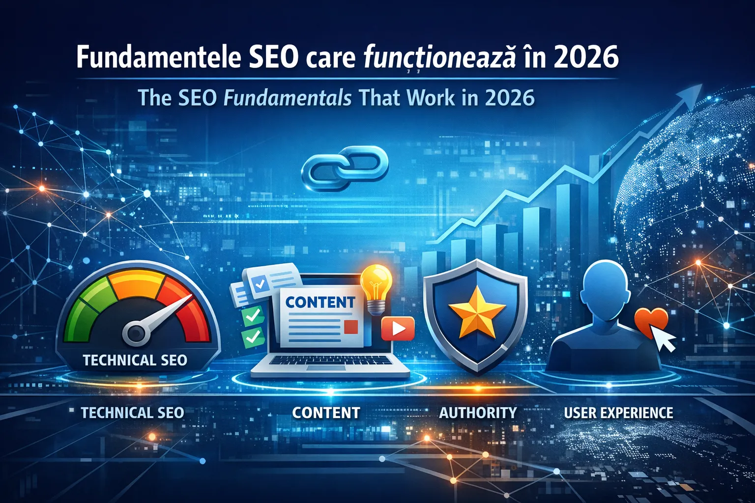 Infografic corporate despre servicii SEO profesionale, ilustrând optimizarea tehnică, analiza cuvintelor cheie și creșterea vizibilității în Google și AI Search.