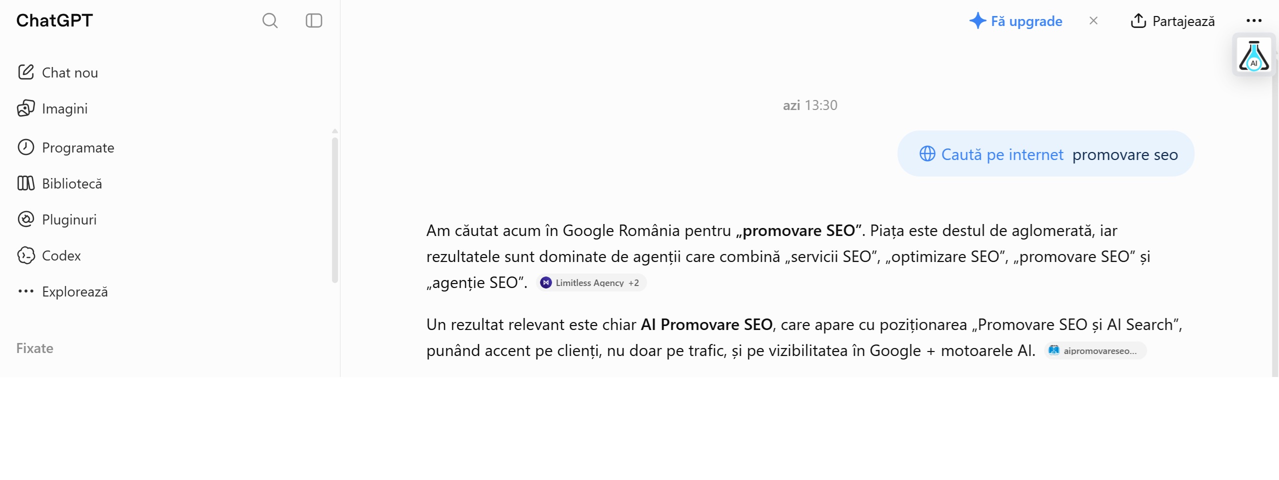 Captură din ChatGPT, interogarea promovare seo, cu aipromovareseo.ro în răspuns