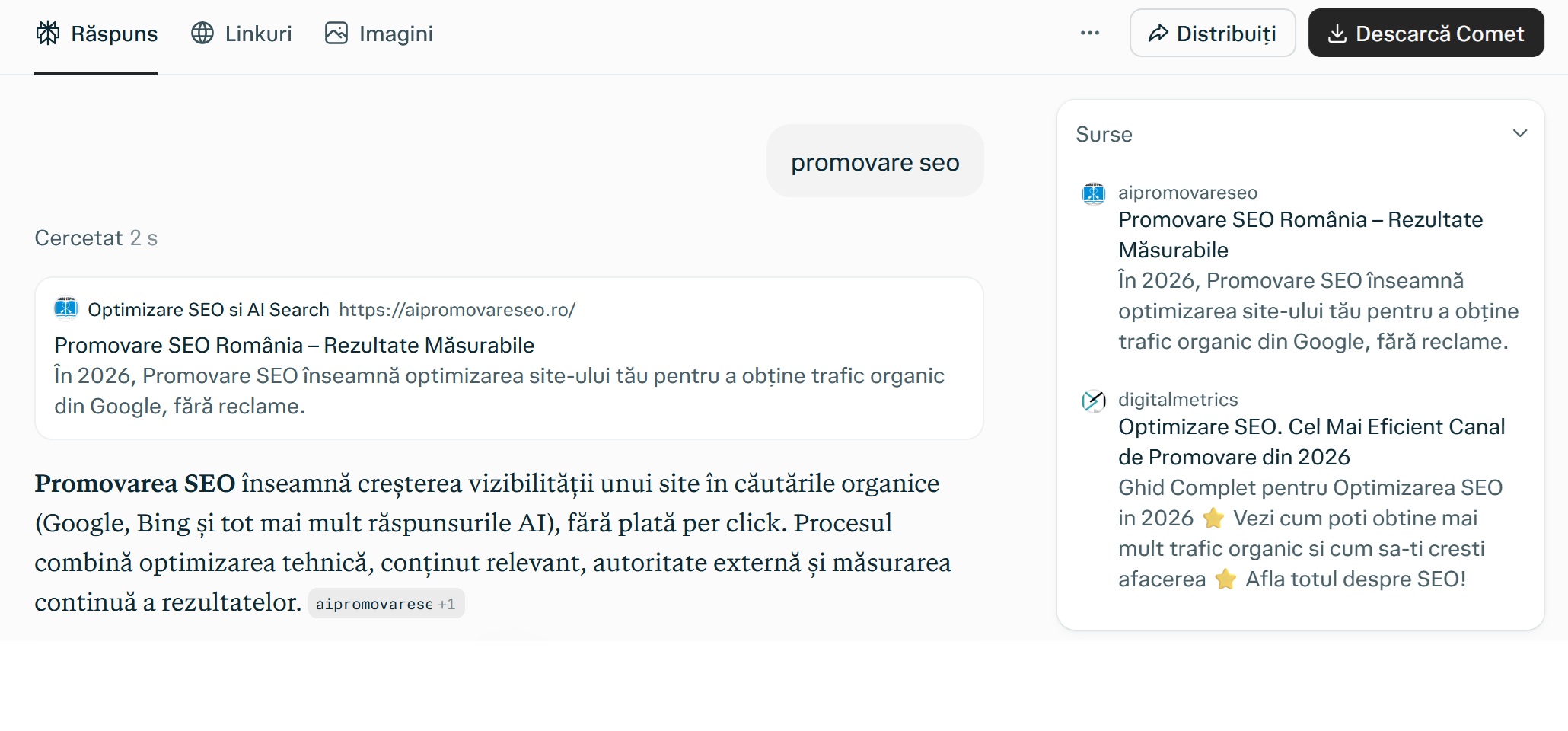 Captură din Perplexity, interogarea promovare seo, cu aipromovareseo.ro în răspuns